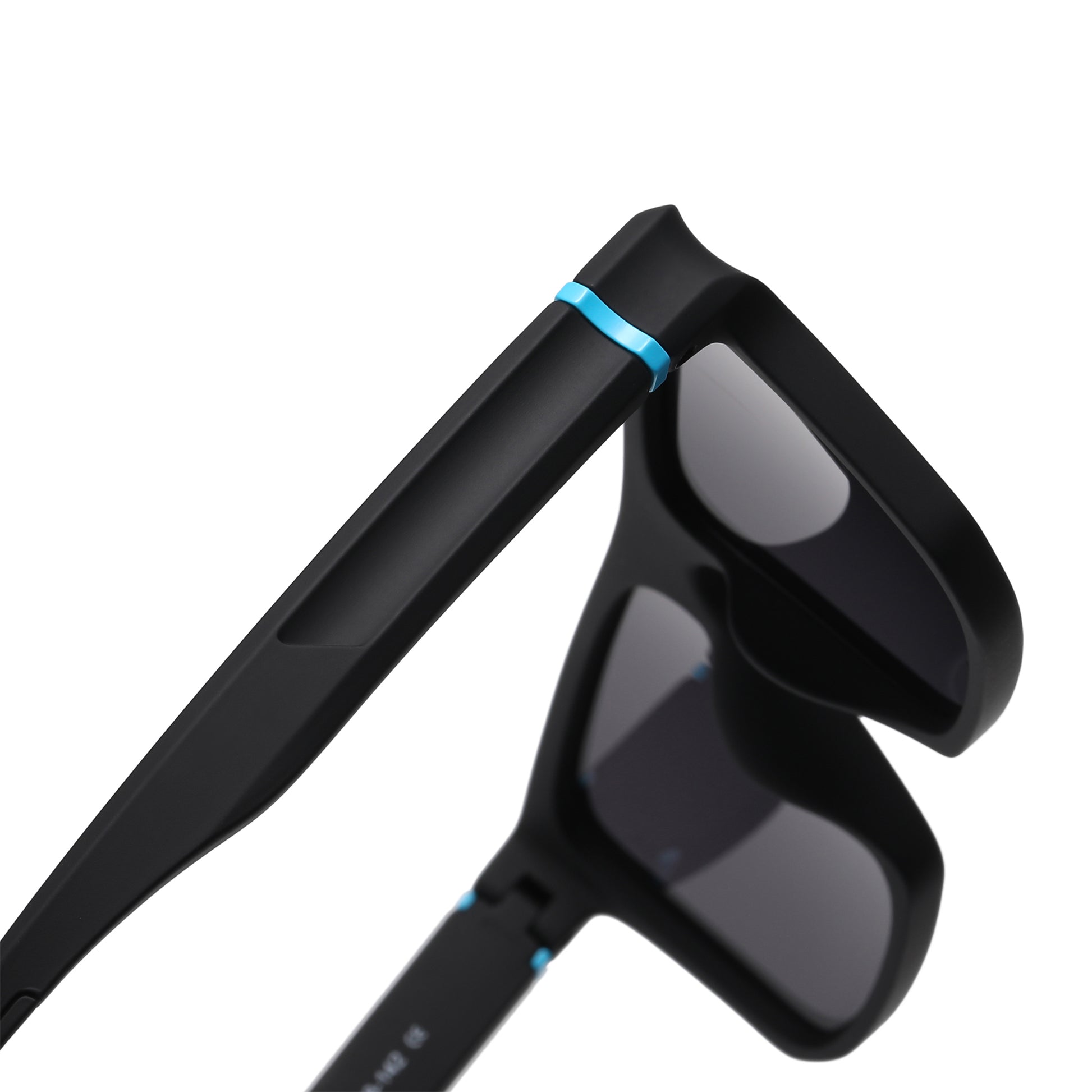 StinkEye™ Pulse sunglasses black frame blue stripe grey lens side angle view