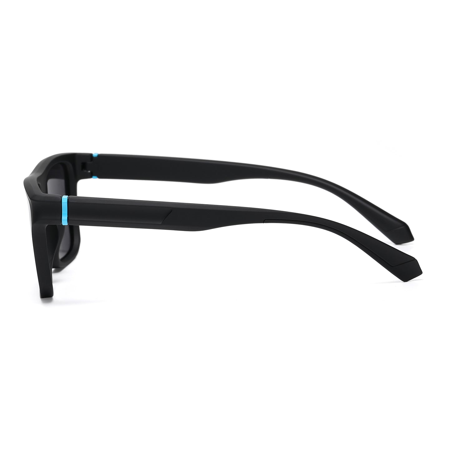 StinkEye™ Pulse sunglasses black frame blue stripe grey lens side view